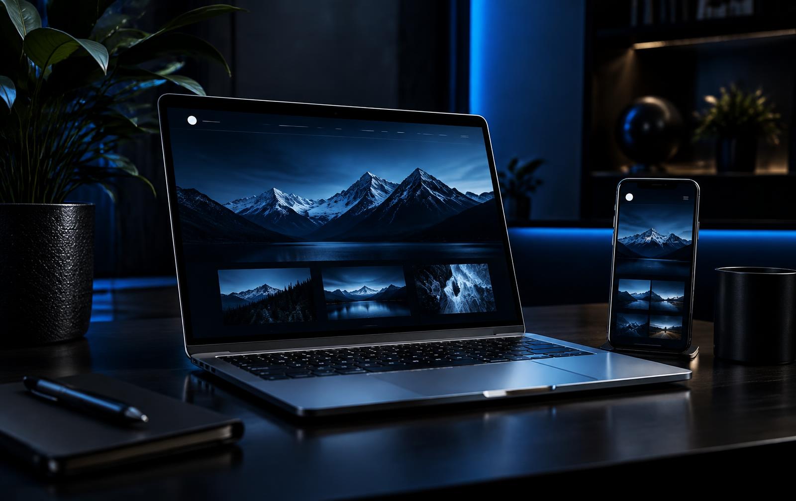 Laptop e celular exibindo um site moderno